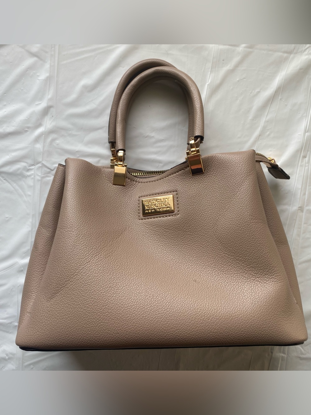 Badgley Mischka Taupe Pebbled Faux Leather Structured Satchel Handbag